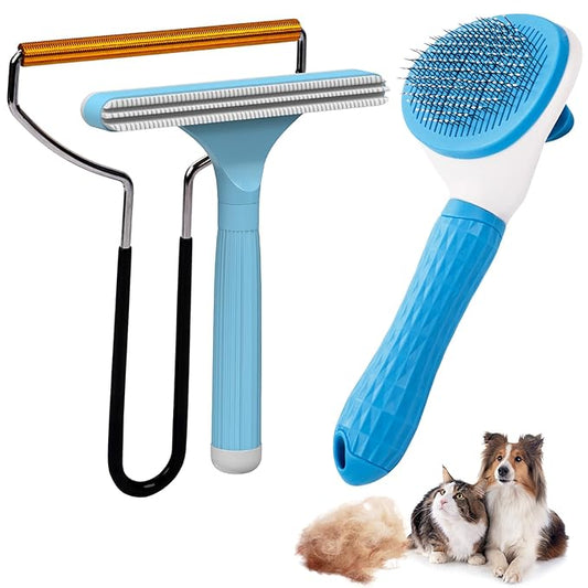 Analan 3-in-1 Pet Hair Remover & Grooming Set for Dogs & Cats – Self-Cleaning Brush for Shedding, Cat Brush, Metal Fur Rem...