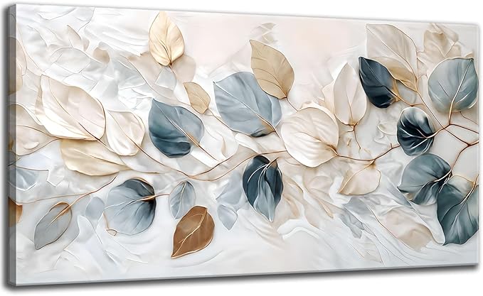 Large Living Eucalyptus Leaf Canvas Wall Art Teal White Botanical Abstract Decor painting Pictures Modern Nordic Plant Flo...