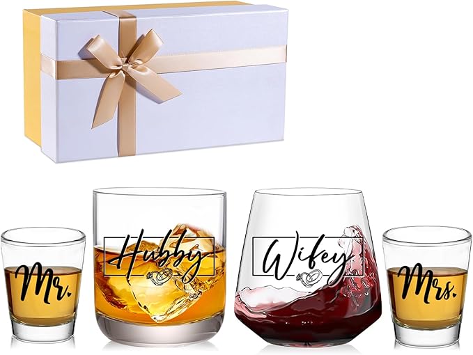 JOVGANK Wedding Gifts for Couples 2026, Bridal Shower Gifts, His and Hers Glass, Mr and Mrs Shot Glass, Hubby and Wifey Gi...