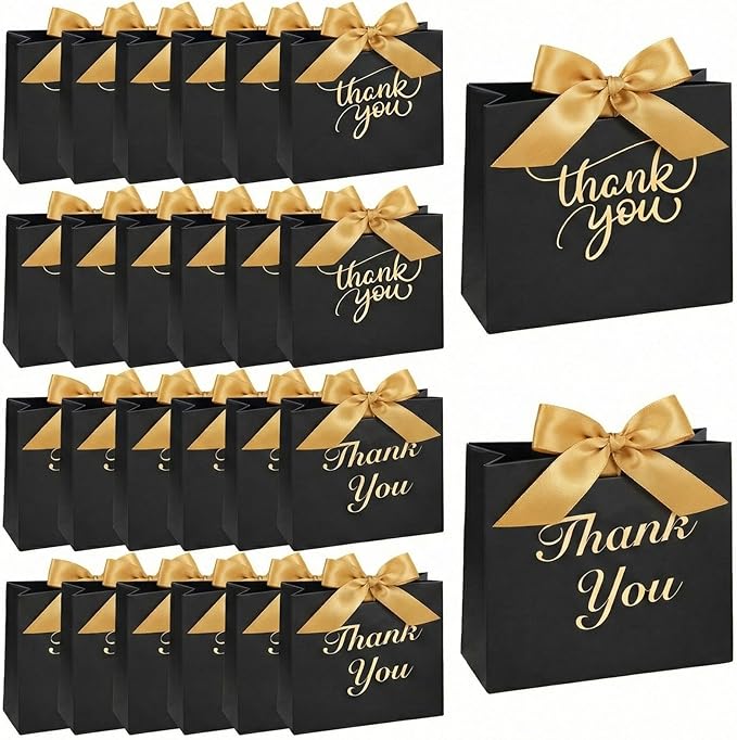 VGOODALL 24PCS Thank You Gift Bags, 4.5x3.9x1.7Inches Mini Party Favor Bags Black Treat Boxes with Bow Ribbon for Wedding ...