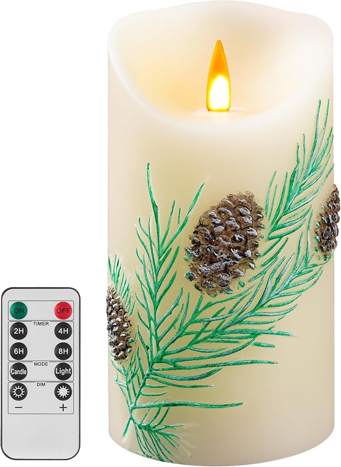 QQFCTOO Embossed Pinecone Flameless LED Candle-Realistic Flickering Flame-Battery-Operated Candle with Remote Timer-Real W...