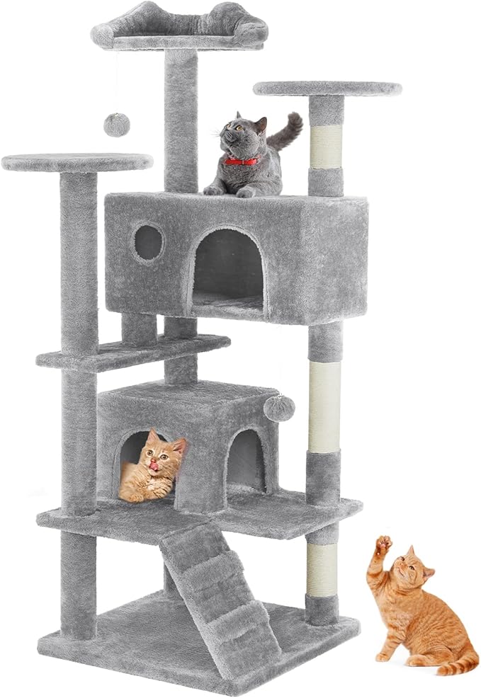 Sweetcrispy 54 Inch Cat Tree Tower, Multi-Level Tower with Cat Scratching Post, Indoor Cat Condo with Climbing Ladder, Plu...