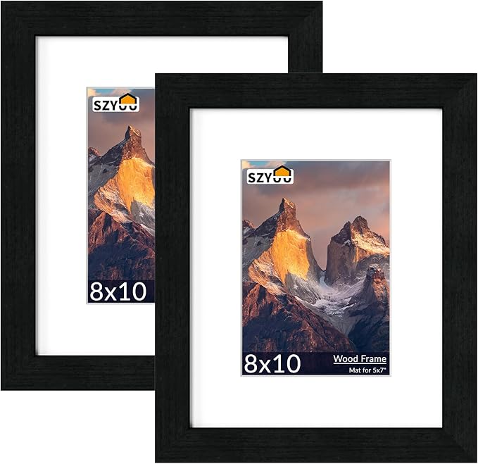 SZYUU 8x10 Picture Frame Set of 2 - Wood Frame with Real Glass, Display 5x7 with Mat or 8x10 without Mat, Photo Frame for ...