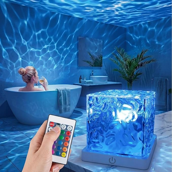 Rechargeable Ocean Wave Projector Light, 16 Color Changeable & Dimmable Shower Lamp with Remote, Cube Mood Ambient Lightin...