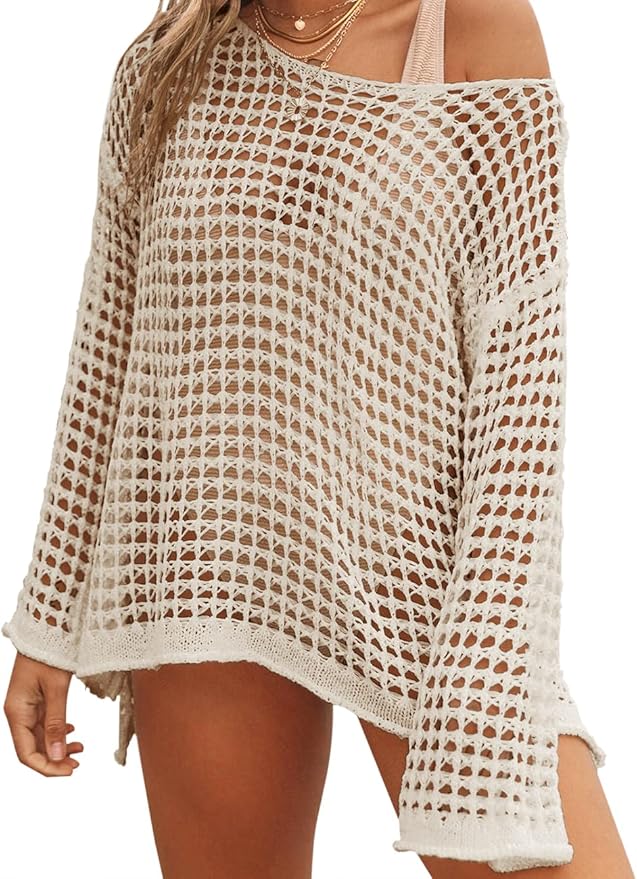 LOMON Womens Beach Cover Ups Long Sleeve Crochet Coverups for Swimwear Mesh Knit Swimsuit Cover Up XS-XXL