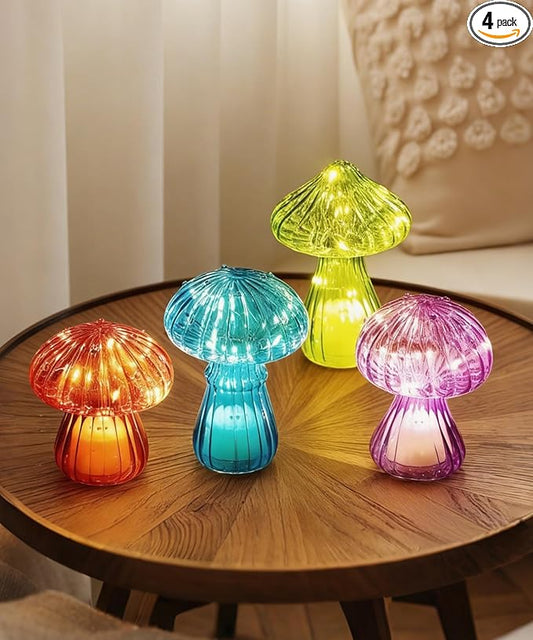 Nacome Glass Mushroom Table Lamp: Set of 4 Colored Small Cute LED Night Light Home Decor for Bedroom Desk - Birthday Gifts...