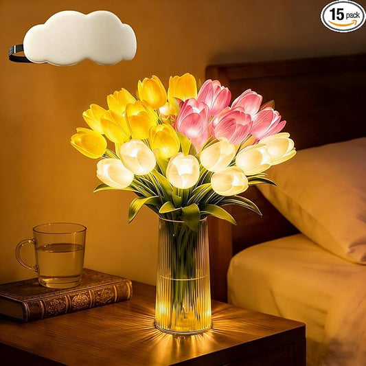 15 PCS Radiant Romantic Tulip Light with Vase, Twinkling Tulips Tree, LED Artificial Flowers Ambient Night Lamp, Gentle Li...