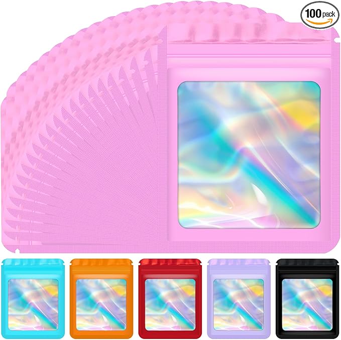 JETMORE 100 pcs Holographic Mylar Bags, Resealable Packaging Bags for Small Business, Freshie Supplies, Candy Sample Jewel...