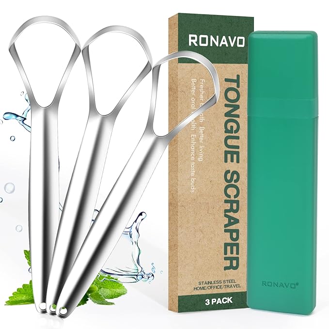RONAVO Tongue Scraper for Adults (3 Pack), Reduce Bad Breath, Metal Tongue Scraper, Easy to use & Clean, with Travel Case ...