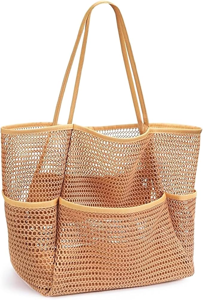 BESSKON Large Beach Bags for Women, Mesh Beach Tote with Zipper, Foldable Pool Tote Bag Travel Beachbag Waterproof Sandproof