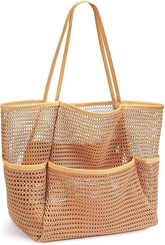 BESSKON Large Beach Bags for Women, Mesh Beach Tote with Zipper, Foldable Pool Tote Bag Travel Beachbag Waterproof Sandproof
