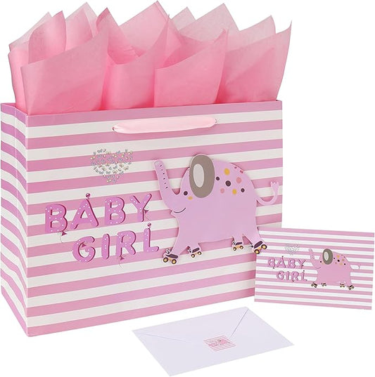 wishinside 13" Large Pink Gift Bag Set with Greeting Card and Tissue Paper(3D elephant) for Baby Girl,Baby Shower,Kids Bir...