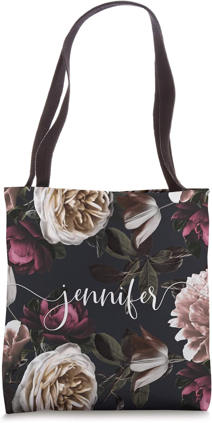 Jennifer - Elegant Floral Rose & Peony Personalized Name Tote Bag