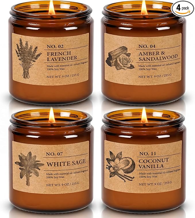 Soy Candles Set of 4, 9oz Natural Soy Wax Aromatherapy Candles, Home Scented Candles with 4 Scents (Lavender, Amber Sandal...