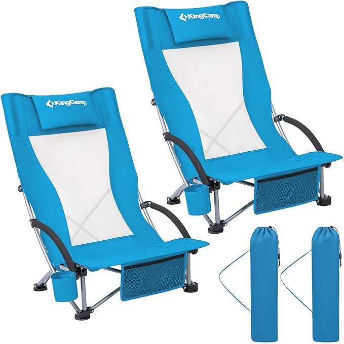 KingCamp Low Beach Chair, High Back Folding Camping Chair for Adults, Oversized Breathable Mesh Seat, 300lbs Heavy Duty Po...