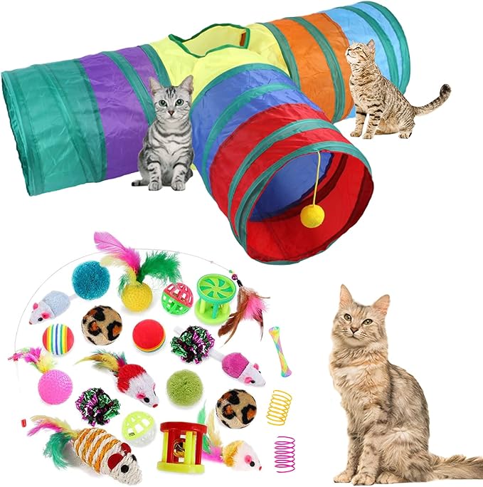 32Pcs Cat Toys Kitten Interactive Pet Toys Assortments, Foldable Rainbow Tunnel, Teaser Wand Fluffy Mouse Crinkle Balls Be...