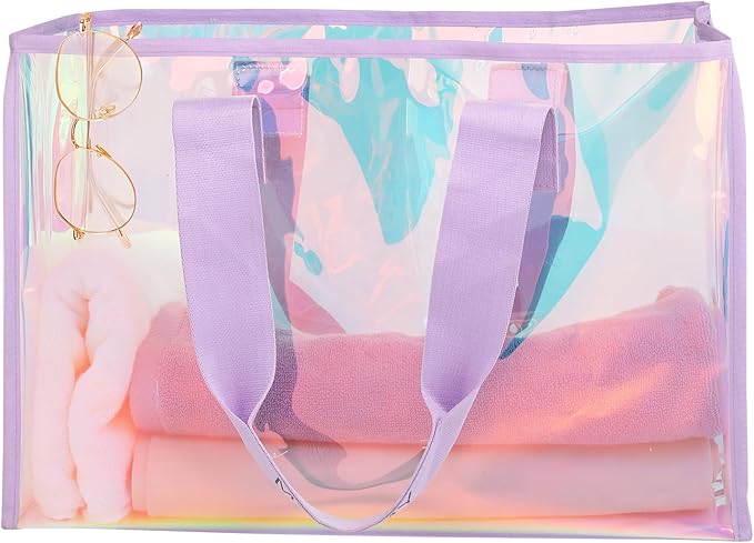 Clear Large Tote Bag for Women 26L Waterproof Iridescent Shoulder Handbags for Work Gym Pool Cruise Beach with Phone Pouch