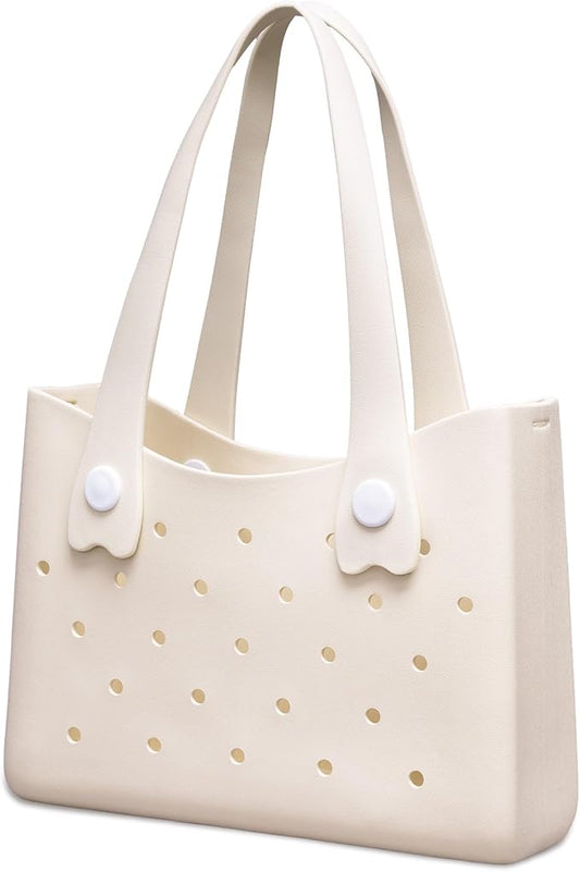 Larcenciel Rubber Tote Bag, Perforated Design Waterproof Beach Bags for Women with Shoulder Strap, Summer Travel Beige Han...
