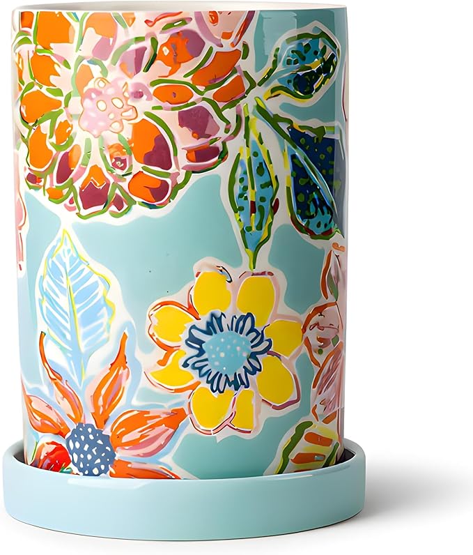 Utensil Holder for Kitchen Counter, Large Ceramic Utensil Holder Crock with Drain Tray, Hand-Painted Floral Rustic Farmhou...