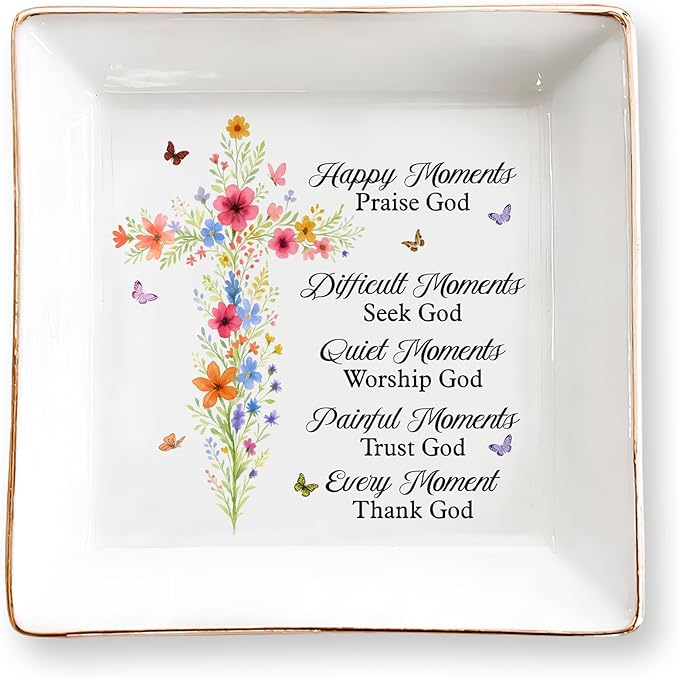 Christian Gifts for Women, Faith Inspirational Gifts - Floral Cross 4" Jewelry Dish, Religious Gift for Mom, Sister, Daugh...