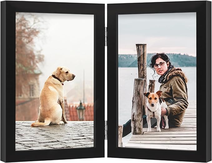 FOREV 4x6 Double Picture Frame Wooden Hinged Photo Frame Definition Glass Stand Vertically on Desktop or Tabletop Black