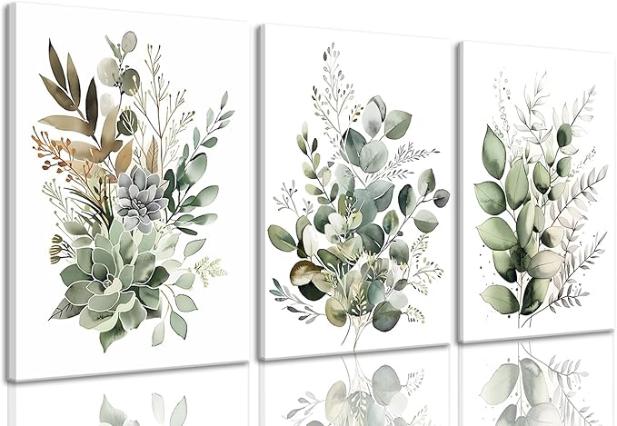 Bwodke Botanical Wall Art Plant Floral Watercolor Canvas Prints Set of 3 Framed Sage Green Painting Eucalyptus Leaf Pictur...