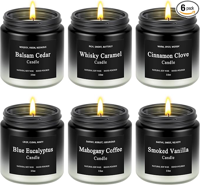 6 Pack Men Candles for Home Scented, Soy Wax 200 Hour Long Lasting Candle, Soy Candle Gifts Set for Birthday, Valentine, C...
