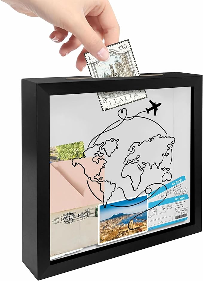 8 x 8 Inch Wooden Shadow Box Frame with Shelves Slot - Sketch Global Map Travel Theme - Money Savings Bank Ticket Saving B...