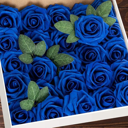 Higfra Artificial Flowers 25pcs Real Looking Royal Blue Foam Fake Roses with Stems for DIY Wedding Bouquets White Bridal S...