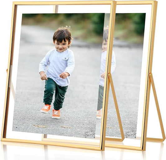 Fixwal Gold Floating Picture Frame Set of 2, 8 x 10 Tempered Glass, Tabletop Display, Multi Size Including 6 x 8, 5 x 7