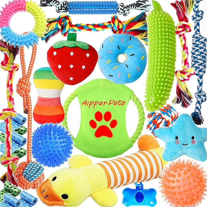 Aipper Dog Toys 25 Pack for Fun and Teeth Cleaning, Puppy Chew Toys Pack with Squeak Plush Toy,Squeaky Toy Balls,Tug of Wa...