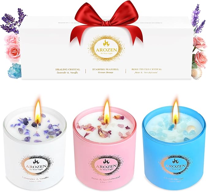 AROZEN 3 Pack Candles for Home Scented, Lavender Candle Gift Set for Women, Aromatherapy Soy Candle with Crystals Seashell...