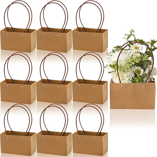DEAYOU 10-Pack Kraft Paper Flower Gift Bags, Brown Bouquet Bag Box with Handle, Small Brown Paper Carrier Tote Bags with W...
