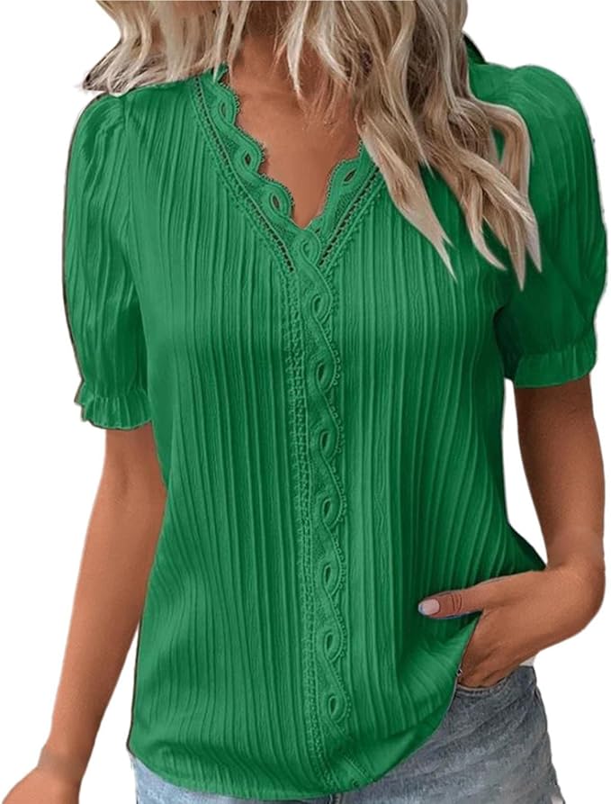 Women Summer Lace V Neck Plain Lace Elegant Shirt Fashion Solid Color Elegant Blouse Short Sleeve Plus Size Scrub Tops