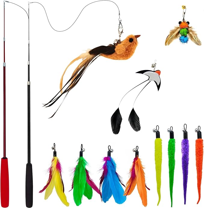 miwoowim Interactive Cat Wand Toy Set – 2 Retractable Wands (37" & 49") with 11 Refills Attachments – Feather Toys, Plush ...