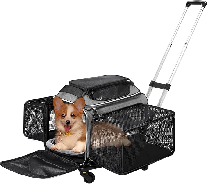 Cozy Cruiser Airline Approved Top-Expanding Pet Carrier on Wheels- Extra Spacious Soft Lined Carrier! 18x11x11 (Grey, Expa...