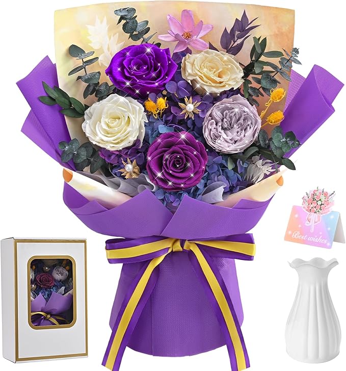 Yastouay 5 Pcs Glitter Purple Preserved Roses Bouquet for Mothers Day, Forever Flowers for Delivery Prime, Birthday Gifts ...