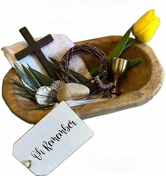 Oh Remember Kit - Easter Resurrection Symbols Decor Tray Set with Wooden Prayer Bowl & Crown of Thorns, Christian Faith Di...