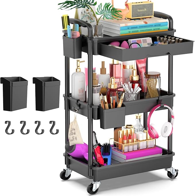 Goovilla 3 Tier Rolling Utility Cart Organizer with Removable Drawer, Stable and Sturdy Black Rolling Storage Carts with 2...