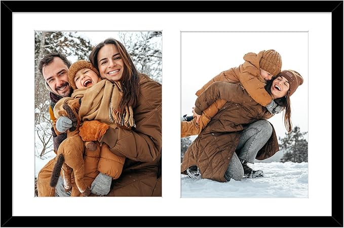 Golden State Art, 12x19 Black Wood Collage Picture Frame with White Mat - Displays Two 8x10 Photos - Real Glass, Sawtooth ...