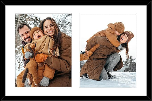 Golden State Art, 12x19 Black Wood Collage Picture Frame with White Mat - Displays Two 8x10 Photos - Real Glass, Sawtooth ...