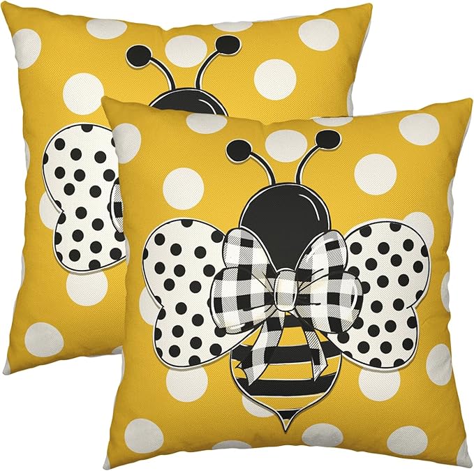 Wnoesat Summer Pillowcase 16x16 Set of 2 Yellow Honey Bee Polka Dots Holiday Throw Pillow Covers Bumblebee Outdoor Decorat...