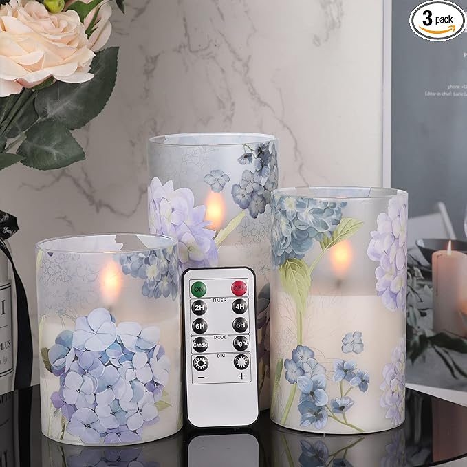 DRomance Hydrangea Glass Flameless Candles with Remote Timer Battery Operated LED Flickering Pillar Candles Real Wax Sprin...