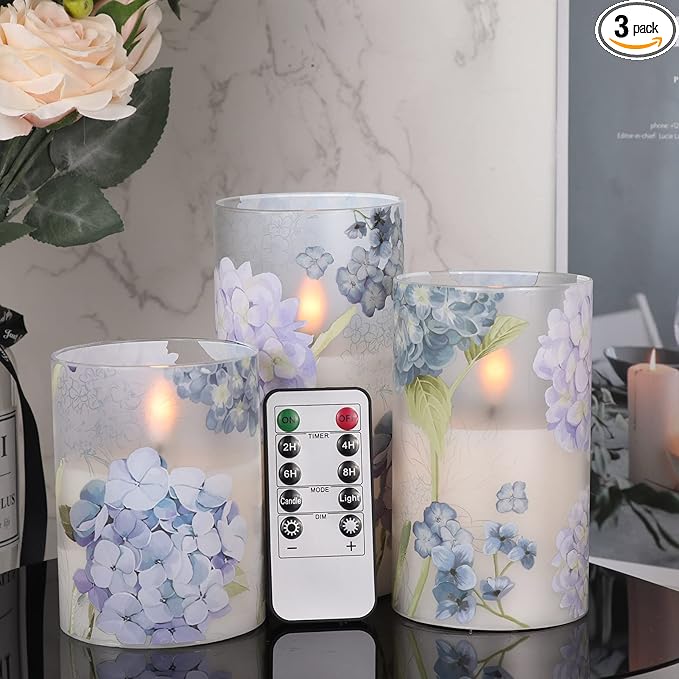 DRomance Hydrangea Glass Flameless Candles with Remote Timer Battery Operated LED Flickering Pillar Candles Real Wax Sprin...