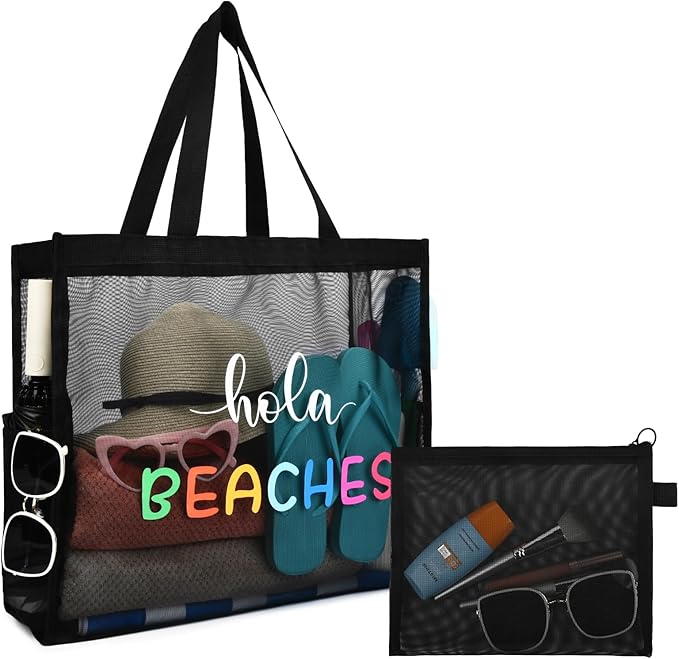 KUIRAN 30L Large Beach Bag with Pouch Foldable Sandproof Lightweight Mesh Tote Bag with Two Pockets for Swimming Travel