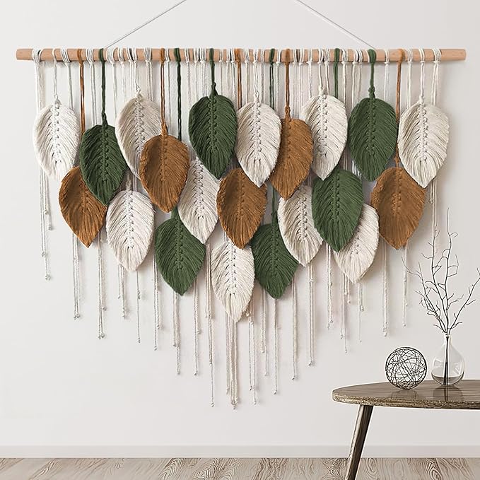 KHOYIME Large Macrame Wall Hanging Boho Woven Tapestry, Chic Home Decor Modern Bohemian Handmade Leaf Feather Wall Art Dec...