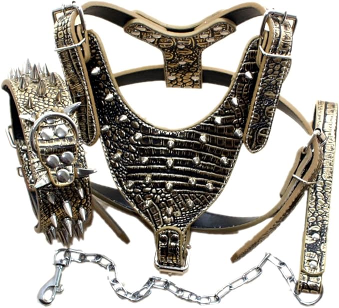 Bbmmayy Leather Spiked Dog Harness and Collar Set - Suitable for Large Breeds Bull Terriers, Dobermans - Durable Leather H...