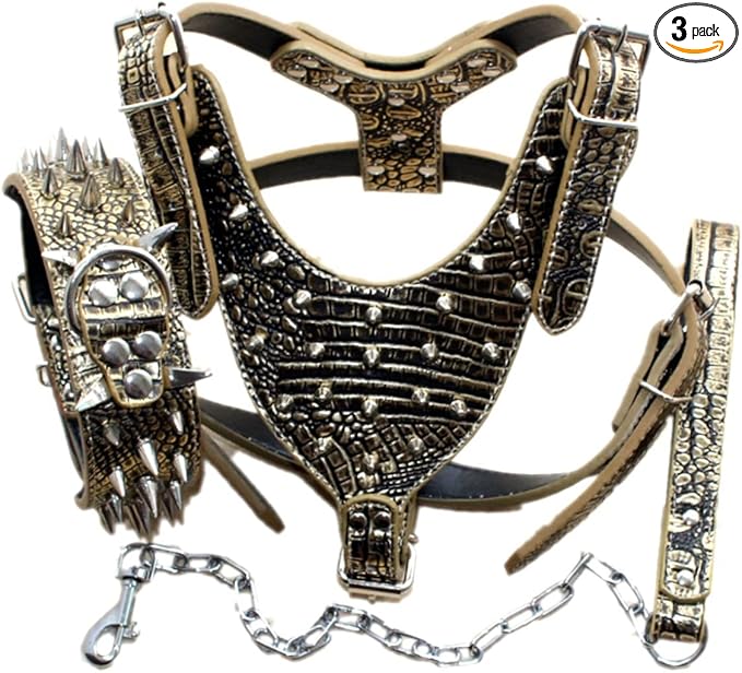 Bbmmayy Leather Spiked Dog Harness and Collar Set - Suitable for Large Breeds Bull Terriers, Dobermans - Durable Leather H...