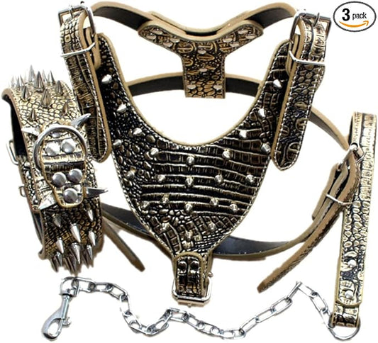 Bbmmayy Leather Spiked Dog Harness and Collar Set - Suitable for Large Breeds Bull Terriers, Dobermans - Durable Leather H...
