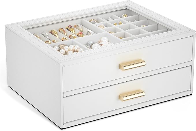 AKOZLIN Jewelry Box with Clear Lid Functional Leather Jewelry Storage Organizer Case 2 Drawers for Women Girls Necklace Ri...